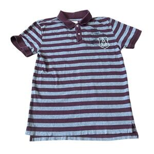 Mens Y2K Striped Polo Shirt Burgundy Gray‎ Crest Logo Short Sleeve Casual Top M